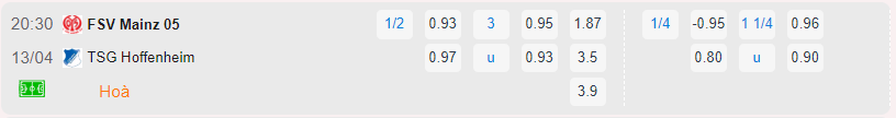 Bảng tỷ lệ kèo Mainz vs Hoffenheim