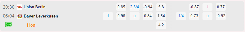 Bảng tỷ lệ kèo Union Berlin vs Bayer Leverkusen