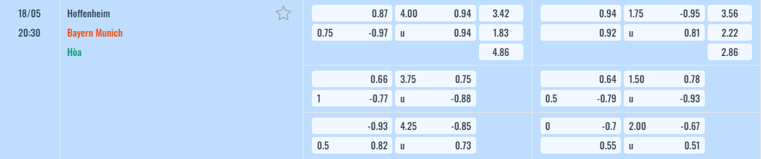 Bảng tỷ lệ kèo Hoffenheim vs Bayern Munich