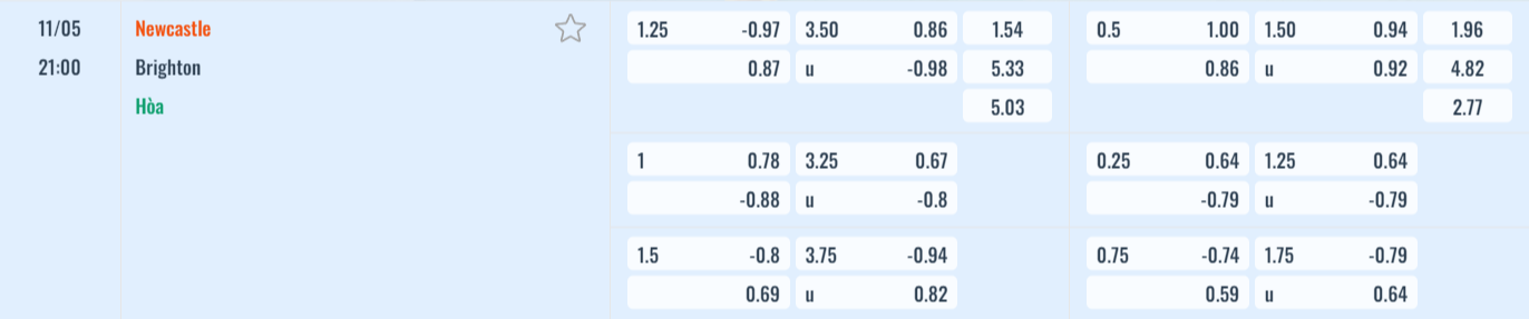 Bảng tỷ lệ kèo Newcastle vs Brighton