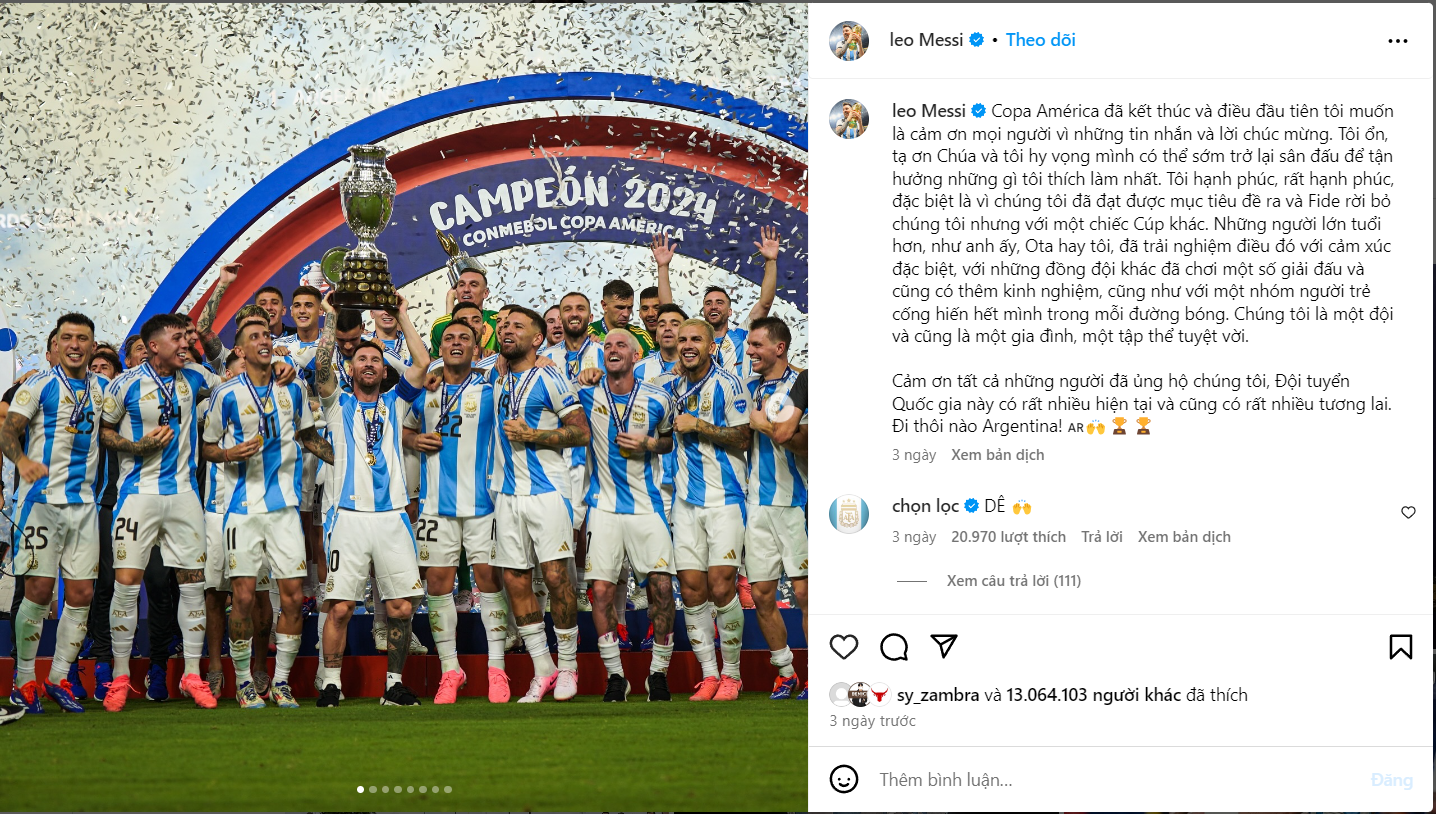 Trên trang Instagram cá nhân, Messi gửi lời cảm ơn